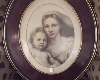 Oval Framed picture of Madonna and Child.  Good Condition.  Frame is dark mahogany.