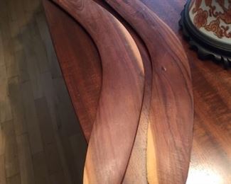 Vintage Aborigines boomerangs, 1950.  Good condition.  Small nick on tip of item on right.  Beautiful Mulga wood.  $150.00 each.   