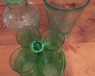 Green Depression Glass Tumbler set, Large Vase, Juice Container with Lid.  $175.00.  Excellent Condition.