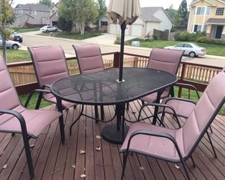 Outdoor dining set, table, umbrella, six chairs