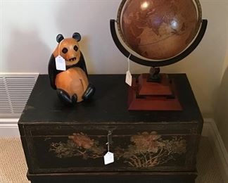 Vintage Chinese Hand Painted Trunk $195,  Carved Wood Panda $18 and Decorative Globe $38