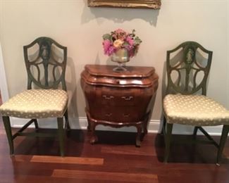 A Pair of Antique Shield Back Chairs Hand Painted Backsplat with Allegorical Figures $695  Petite Bombay Commode $550