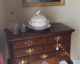 Henredon Server $695, Antique Cut Crystal Decanter $175 Two Vintage Glasses Etched and Cut $20, Reproduction Tureen and Underplate by Mottahedeh $295