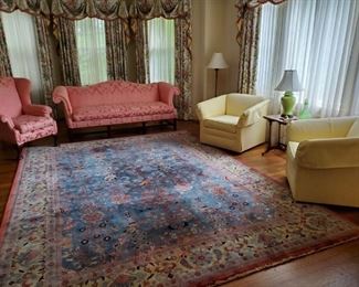 Lovely Room Size Oriental Rug.  Chippendale Style Sofa and Wing Chair in Custom Fabrics