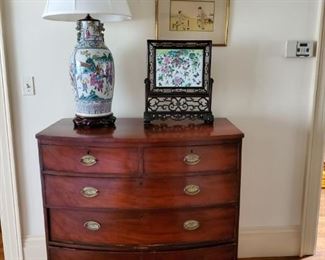 Antique Bow Front Chest.  Asian Porcelain Tall Lamp, Asian Table Screen and Asian Print