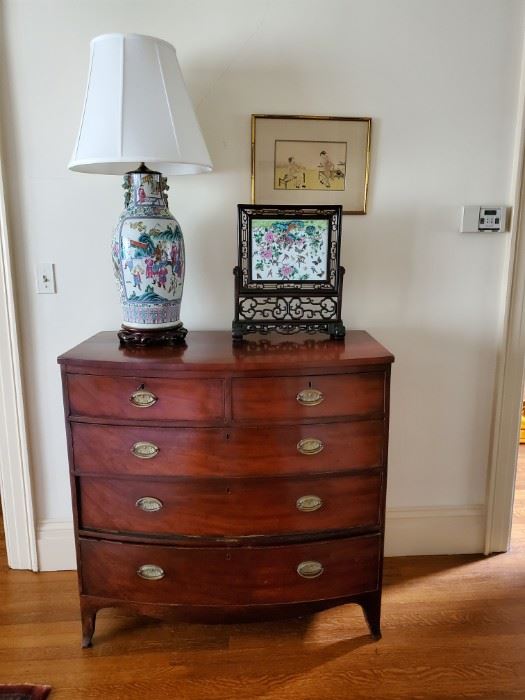 Antique Bow Front Chest. Asian Porcelain Tall Lamp, Asian Table Screen and Asian Print