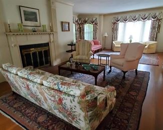 Chippendale Wingback Chair, Queen Anne Style Chair, Lovely Sofa in Scalamandre Fabric, Room Size Oriental Rug, Coffee Table and Tole Tray Table