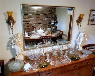Large beveled mirror, vintage sconces, chalkware statues, crystal / glassware