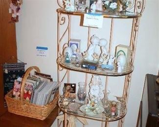 Small metal baker's rack with glass shelves, angel collection, Taste of Home magazines