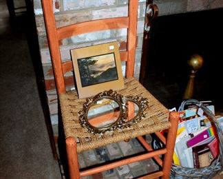 Orange painted ladderback chair, Robert Tino tile