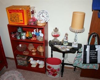Red painted bookcase, candles, baskets / boxes, vinage lamp, and more!