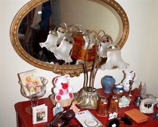 Vintage oval gilt mirror, brass lamp, and other fun things