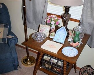 Antique table, lamps