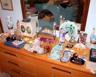 Vanity mirrors, jewelry box, handpainted milk glass lamps, and more!