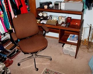 Vintage desk chair, computer desk, clocks, radios, HP printer