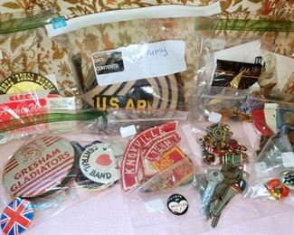 Bag lots of political buttons, scout patches, military items, and more!