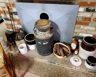 Milk can, crocks, iron items