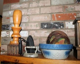 Sad irons, stoneware bowl