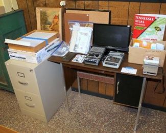 Small desk, metal filing cabinet, office items
