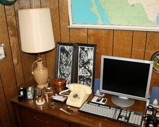 Computer items, desk accessories, vintage lamp