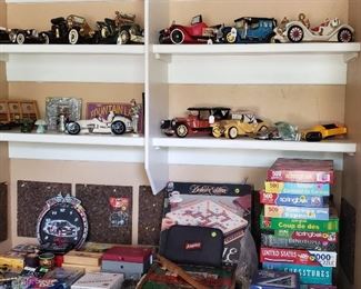 model cars, board games, puzzles