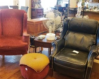 upholstered wing chair, ottoman, leather recliner