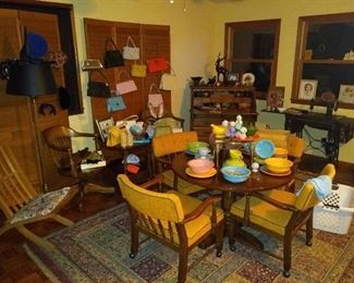 Vintage Fiesta dishes.
Vintage purses.
Treadle sewing machine.