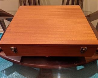 You just nevah know what you'll find lurking under a couch or bed in these houses. This is a 71-piece set of vintage  stainless flatware, by Georg Jensen.                           
Designed by Arne Jacobsen, in 1957, its clear, precise, simplified lines were then a vision into the future, so pioneering, that it was used in the film "2001: A Space Odyssey".  Form and function are boldly thought out down to the tiniest detail, making an overall impression of natural elegance. A tribute to steel which Arne Jacobsen, as a functionalist, greatly valued. Arne Jacobsen (1902 - 1971) was one of the century's leading Scandinavian architects.  A perfectionist with an overall architectural vision. He realized his ideas and intentions not only in great buildings, but also in the items used in them: furniture, textiles, fixtures and fittings and cutlery. Produced in stainless steel in both a matte and a mirror finish. Deserves daily use.