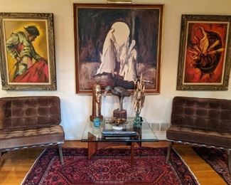 Three original oils on canvas, two by Todd, the large (52 1/2" square) canvas by one of the artist brothers, Jim & Bob Higgins, pair of brown suede Barcelona-inspired chairs, walnut/glass organic coffee table, by Adrian Pearsall (1925-2011) for Craft Associates, hand woven Persian Kurdish Bidjar rug.