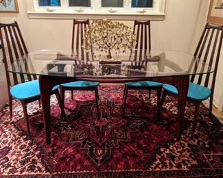 Vintage teak "Compass" dining table, by Adrian Pearsall for Craft Associates with original glass; dimensions: 28.75"H x 54"W x 28"D.
Set/6  walnut side chairs, by Hill Manufacturing Co., (Garnersville, NY) all with original upholstery.    