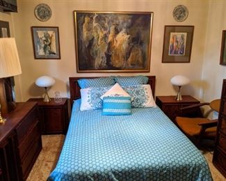 Long view of the Dillingham's "Esprit" walnut bedroom suite. The pair of mushroom head table lamps ( there are two pair of them in the house) with aluminum hour glass base to get everyone in the mood in the boudoir!                                                                                                   The vintage "no-Viagra-needed-tonight-dear" lamps are made by The Laurel Lamp Mfg. Co., Newark. NJ. (1950 - 1979)
Dimensions:
13ʺW × 13ʺD × 17ʺL.