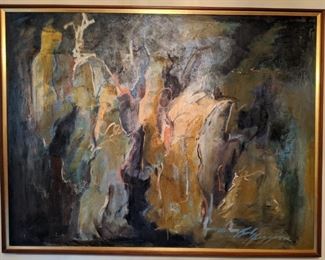 Large original oil on canvas, by Bob Higgins, one of the brother artist team, Jim & Bob Higgins; measures 4' 3" x 3' 4", framed.