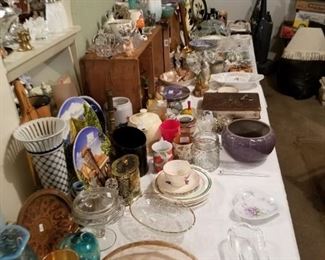 Many items, cut glass, colored glass, pottery, lamps