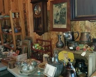 Clocks, crocks, pottery, pewter