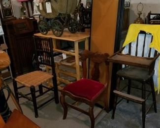 Rattan doll buggy, child's high chair, room screen, Joe Camel jacket