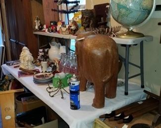 Carved wooden Elephant, repro Christmas tree, globe, wooden cabinet, odds and ends