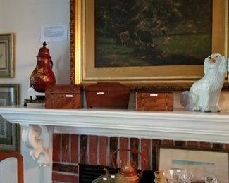 Oil painting of cows, tea caddies, Staffordshire dogs