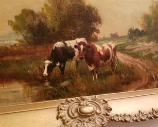 Oil painting of cows, one of several