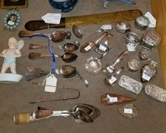 Case goods, Mary Gregory dresser jar, sterling snuff boxes, spoons B & G birds