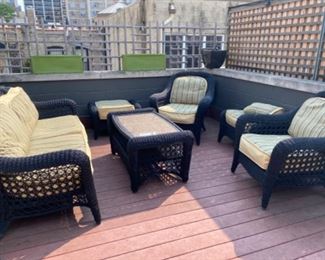 Patio Furniture: Wicker Sofa and 2 Armchairs. 2 Ottomans and 1 Coffee Table.