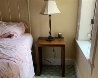 Wooden Nightstand with Black/Tan Lamp