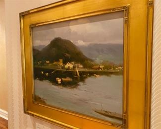 Clifton "Zhao Huxie" Original Framed Oil Painting Sea Landscape. A Chinese Contemporary, Clifton enjoys the fine art of plein-air. Each painting translates the ambience of light and atmosphere. He enjoys the vista from the rural countryside and finds most of his subjects during his American travels. The brushwork combines the sensitivity of the landscape with an almost impasto use of color. He has been inspired by masterworks of great artists such as Camille Pissaro and Alfred Sisley. His technique has become characteristic of the impressionist movement with his discontinuous strokes of color that attempt to observe nature as it really is and transmit it on canvas.Zhao Huxie graduated the fine arts program of Yeonbyeon University and later taught there as a professor. He is a 1995 recipient of the Jilin Art Exhibition Award. Zhao currently owns his own studio and creates works under the western name "Clifton".