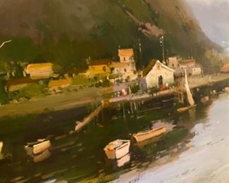 Clifton "Zhao Huxie" Original Framed Oil Painting Sea Landscape. A Chinese Contemporary, Clifton enjoys the fine art of plein-air. Each painting translates the ambience of light and atmosphere. He enjoys the vista from the rural countryside and finds most of his subjects during his American travels. The brushwork combines the sensitivity of the landscape with an almost impasto use of color. He has been inspired by masterworks of great artists such as Camille Pissaro and Alfred Sisley. His technique has become characteristic of the impressionist movement with his discontinuous strokes of color that attempt to observe nature as it really is and transmit it on canvas.Zhao Huxie graduated the fine arts program of Yeonbyeon University and later taught there as a professor. He is a 1995 recipient of the Jilin Art Exhibition Award. Zhao currently owns his own studio and creates works under the western name "Clifton".