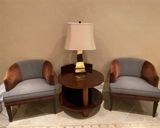 Blue/Brown Velvet Armchairs and Chocolate Brown, round side table with Gold/White lamp.