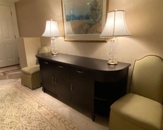 Large Dark Brown Wood Side Table with Crystal lamps and Muted Green Chair set