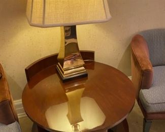 Chocolate Brown, Round Side Table with Gold Lamp