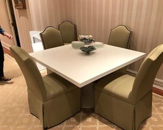 Large 6' diameter polished Dining Table with pedestal base with 6 chairs