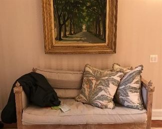 Antique carved wood base with down filled cushions  bench; Antique Oil on canvas by Paul R. Schiek