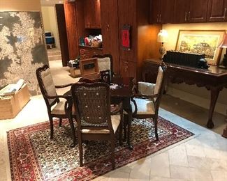 Harden Chocolate Brown Dining Antique Table and 4 Antique Cane Dining Chairs; Antique console carved wood table; Vintage large charcoal drawing; Vintage wool area rug; Antique Harvard classic 1917 edition books 20 volumes 