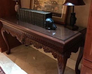 Harvard Classics Books 1917 edition 20 volumes; Antique Carved Wood Console table; Dog Head Book ends; Golf Clubs base table Lamp; Cloisonné base Lamp